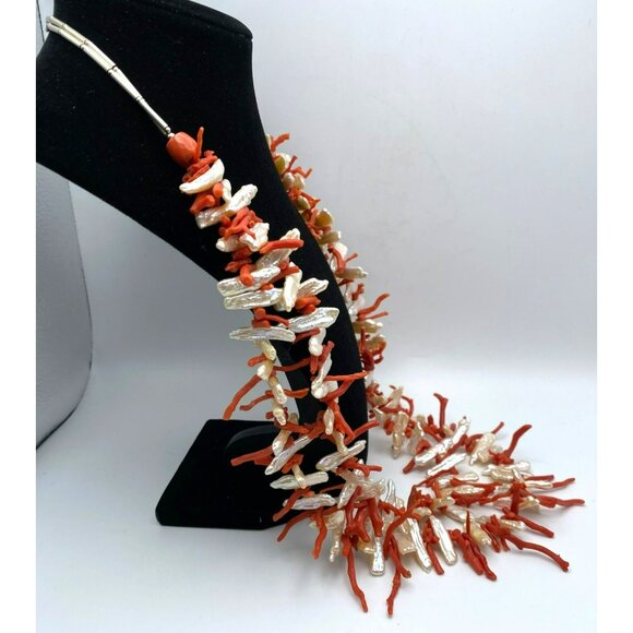 Orange Branch Coral Freshwater Pearl Necklace Double Strand Sterling Silver 32" - Picture 6 of 10